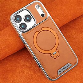 Synthetic Faux Leather Case for iPhone 17/ 16e/ 16/ 15/ 14/ 13/ 12/ 11 Pro Max - 360° Rotating Ring Holder And a Sturdy Metal Stand