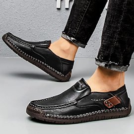 New Men's Hand-Stitched Slip-On Loafers - Breathable Synthetic Casual Shoes with Elastic Sides, Round Toe & Durable Rubber Sole - All-Season Comfort for Daily Wear, Office, Semi-Formal (Plus Size Available)